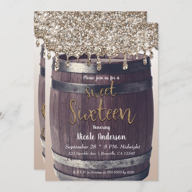 Champagne Gold Glitter Drip Rustic Sweet 16 Party Invitation (Front/Back)