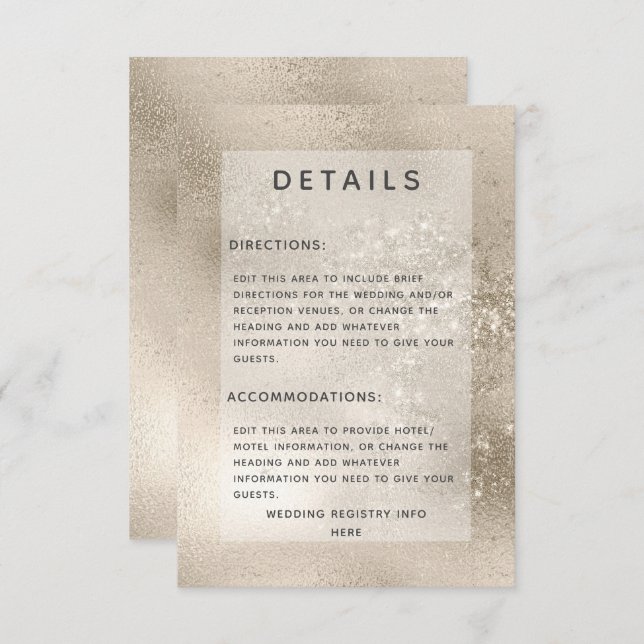 Champagne Gold Glitter Modern Wedding Details  Enclosure Card (Front/Back)