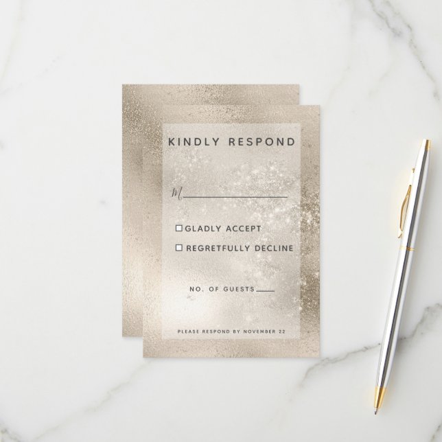 Champagne Gold Glitter Modern Wedding RSVP Card (Front/Back In Situ)