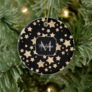 Champagne gold glitter sparkle Stars Monogram Ceramic Tree Decoration