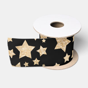 Champagne gold glitter sparkle Stars pattern black Satin Ribbon