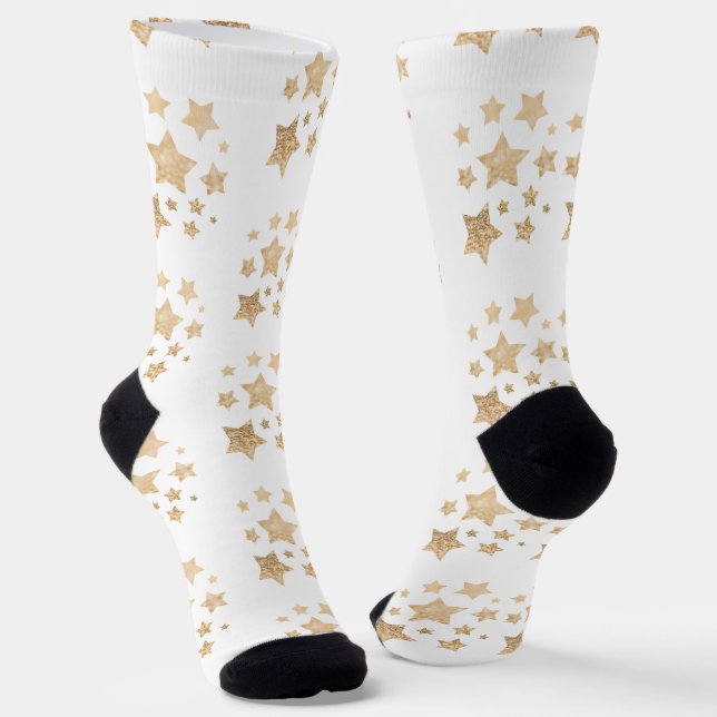 Champagne gold glitter sparkle Stars pattern white Socks (Angled)