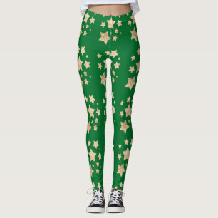 Champagne gold glitter sparkles Stars dark green Leggings