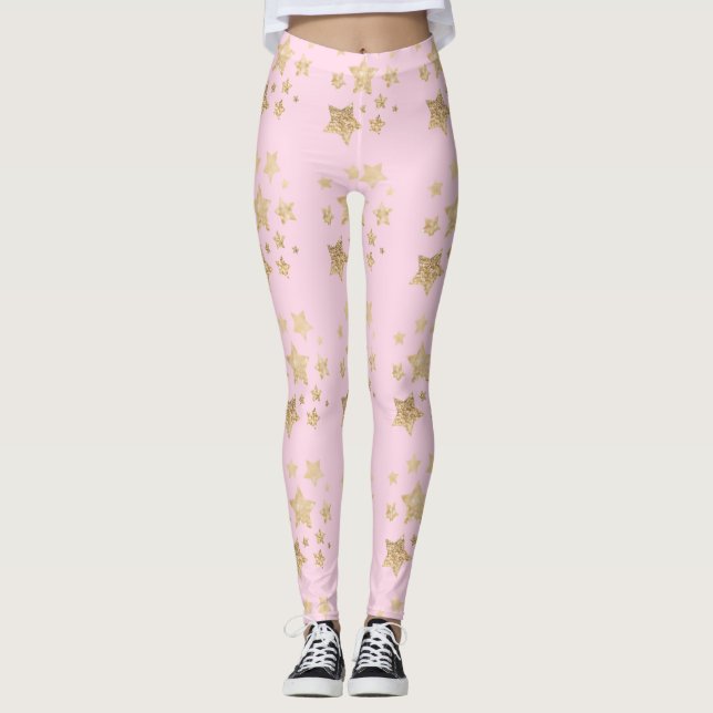 Champagne gold glitter sparkles Stars light pink Leggings (Front)