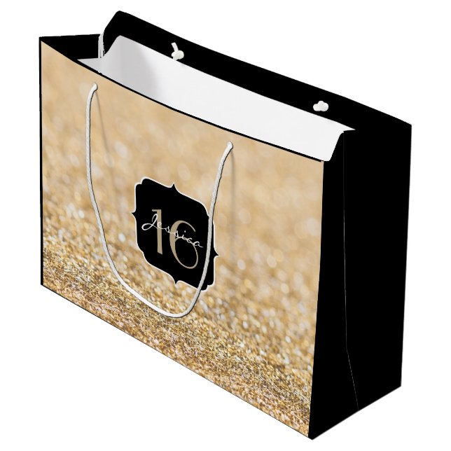 Champagne gold glitter sparkles Sweet 16 Large Gift Bag (Front Angled)