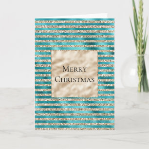 Champagne Gold Glitter Teal Stripes     Card