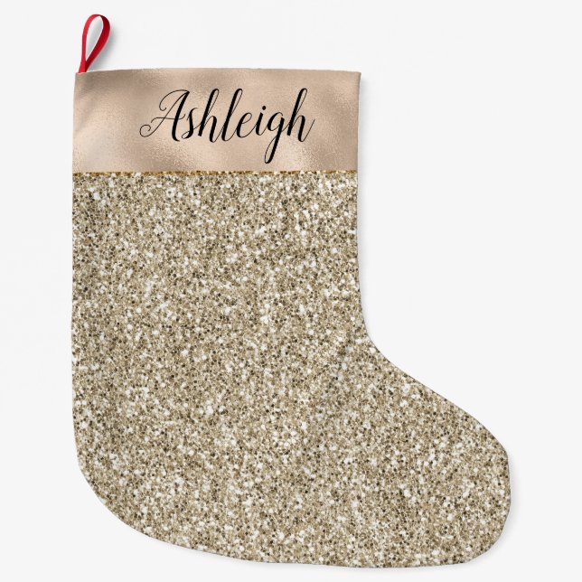 Champagne Gold Glitzy Glitter Large Christmas Stocking (Front)