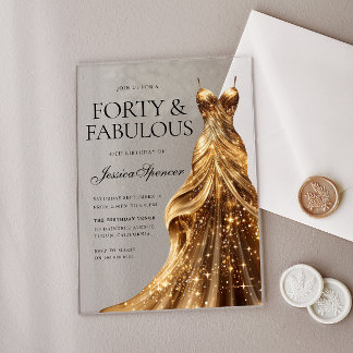 Champagne Gold Gown Forty & Fabulous 40th Birthday Acrylic Invitations