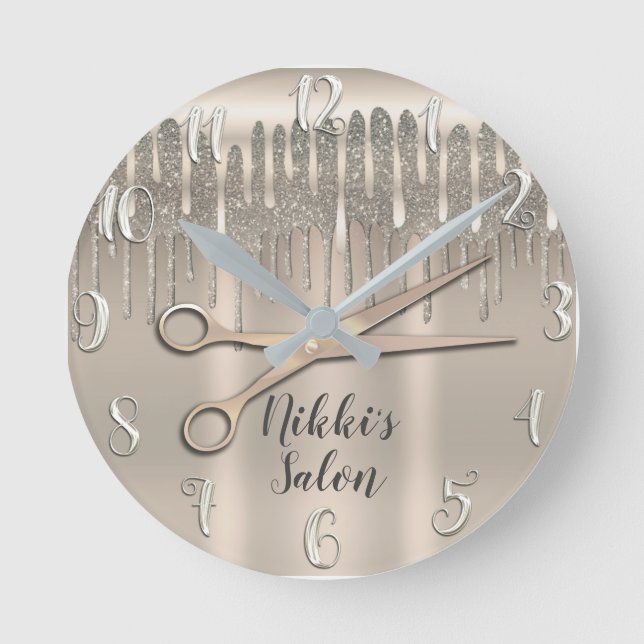 Champagne Gold Hair Stylist Diamond Glitter Drip Round Clock (Front)