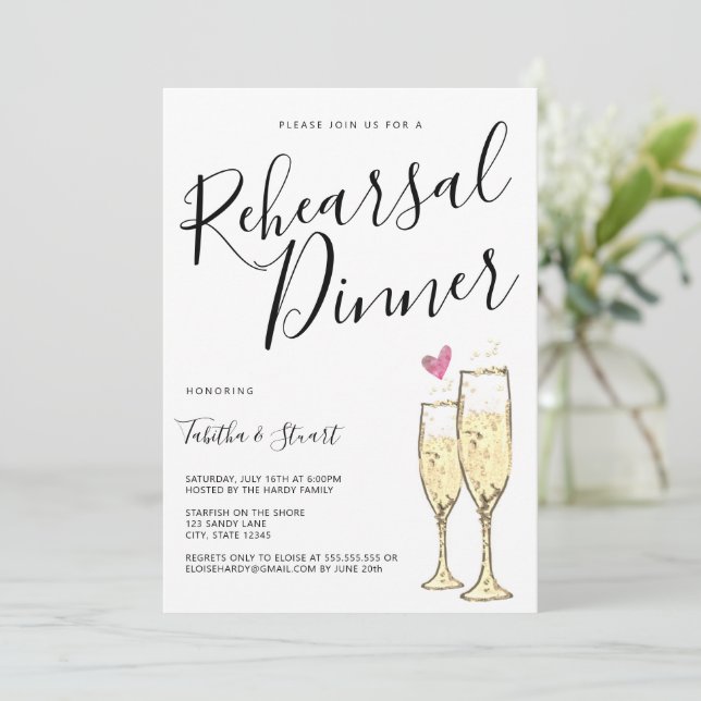 Champagne Gold Heart Rehearsal Dinner Invitation (Standing Front)