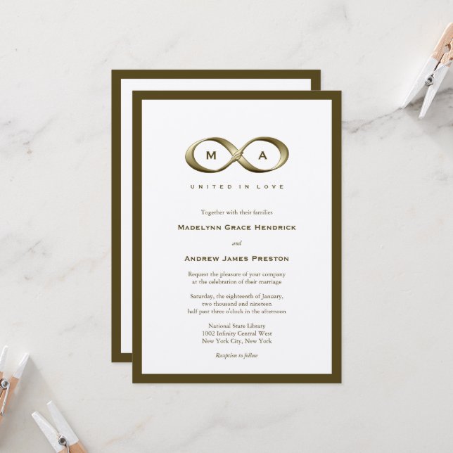 Champagne Gold Infinity Hand Clasp Classic Wedding Invitation (Front/Back In Situ)