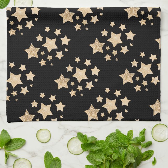 Champagne gold light faux glitter sparkles Stars Tea Towel (Folded)