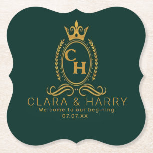 Champagne gold minimal  lettering green weeding paper coaster