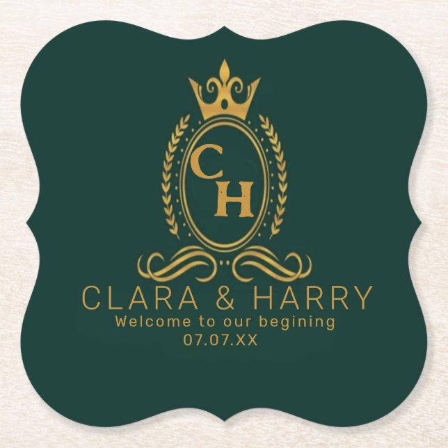 Champagne gold minimal  lettering green weeding paper coaster (Front)