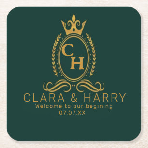 Champagne gold minimal  lettering green weeding square paper coaster