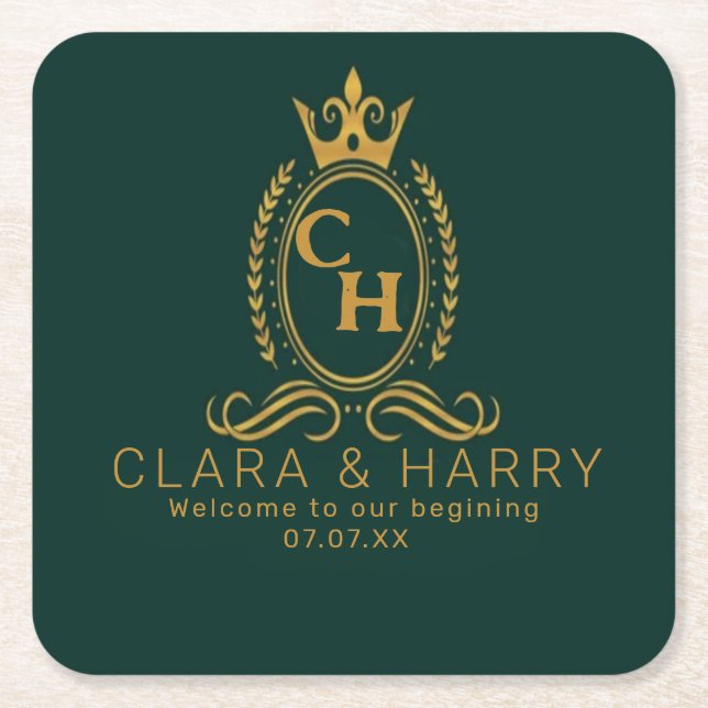 Champagne gold minimal  lettering green weeding square paper coaster (Front)