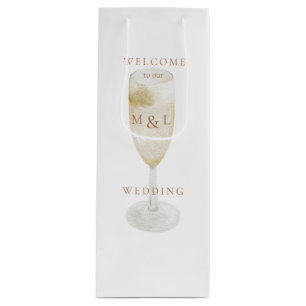 Champagne & Gold Monogram White Wedding Welcome Wine Gift Bag