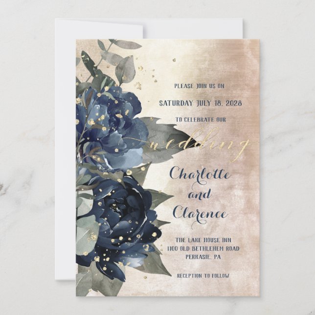 Champagne Gold Navy Peony Eucalyptus Wedding Invitation (Front)