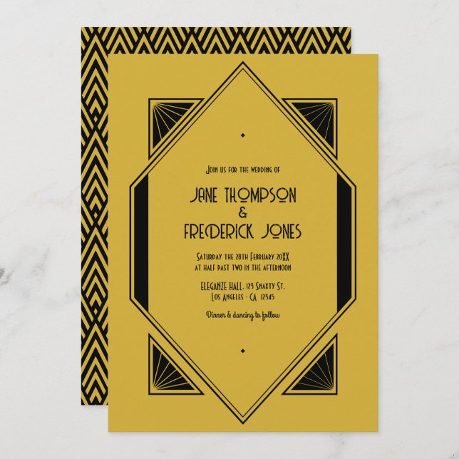 Champagne Gold & Noir Art Deco Wedding Photo Invitation (Front/Back)