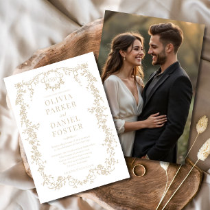 Champagne Gold Photo Floral Victorian Wedding Invitation