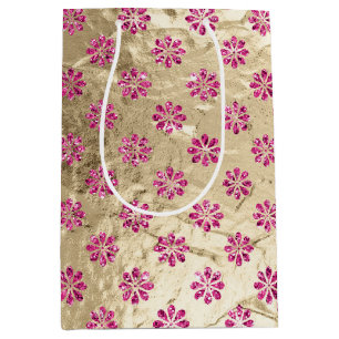 Champagne Gold Pink Glitzy Flowers Medium Gift Bag