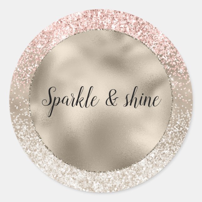 Champagne Gold Pink White Glitzy Glitter Classic Round Sticker (Front)