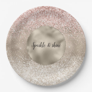 Champagne Gold Pink White Glitzy Glitter Paper Plate