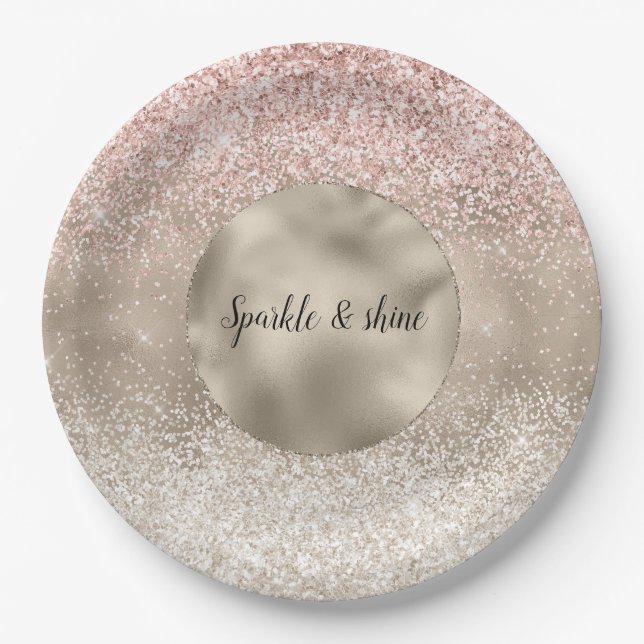 Champagne Gold Pink White Glitzy Glitter Paper Plate (Front)