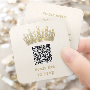Champagne & Gold Quinceañera Crown Scan Me QR RSVP Enclosure Card