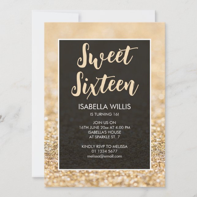 Champagne gold sparkles Sweet 16 elegant script Invitation (Front)