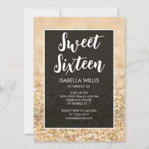Champagne gold sparkles Sweet 16 elegant script Invitation