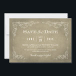 Champagne Gold Vintage Vineyard Rustic Wedding Save The Date<br><div class="desc">This formal wedding save the date announcement card with a vintage wine label style design.  Rustic hand-drawn sketches of grapevine leaves frame the important details.  A simple flourished monogram appears on the reverse side.  Neutral champagne gold / tan and ivory colour scheme.</div>