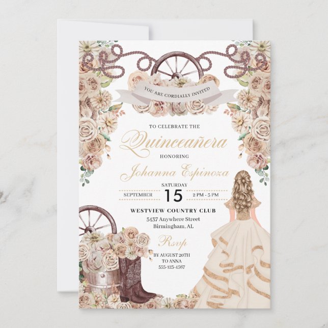 Champagne Gold Western Charro Quinceanera Invitation (Front)
