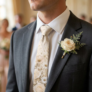 Champagne Gold White Botanical Wedding Groomsmen Tie