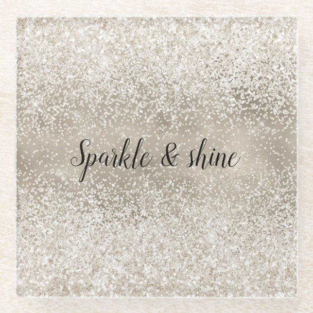 Champagne Gold White Glitzy Glitter Glass Coaster (Front)