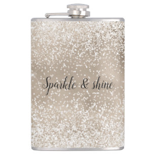Champagne Gold White Glitzy Glitter Hip Flask