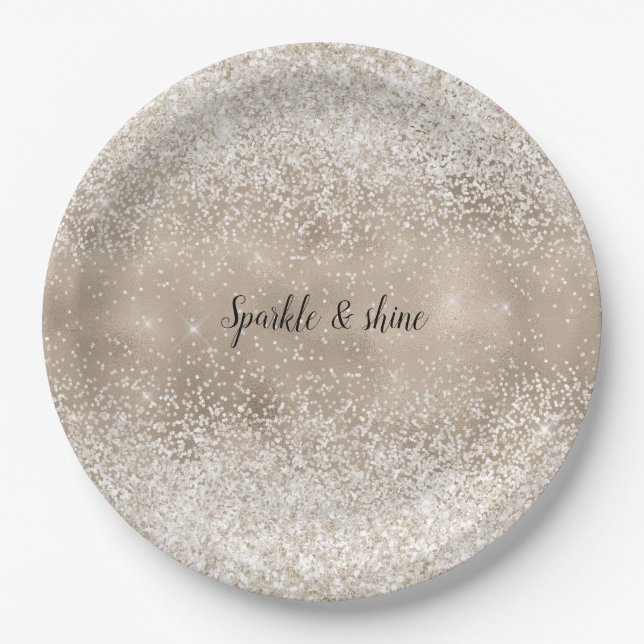 Champagne Gold White Glitzy Glitter Paper Plate (Front)