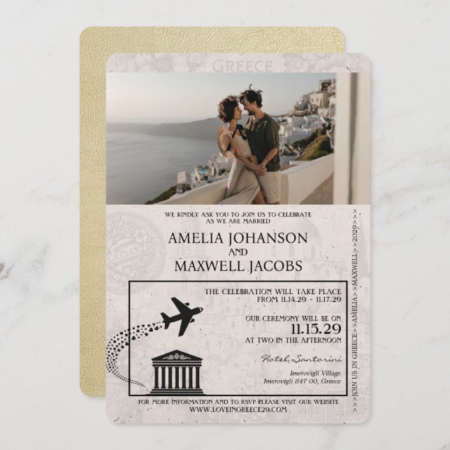 Champagne Greece Passport Wedding Invitation (Front/Back)