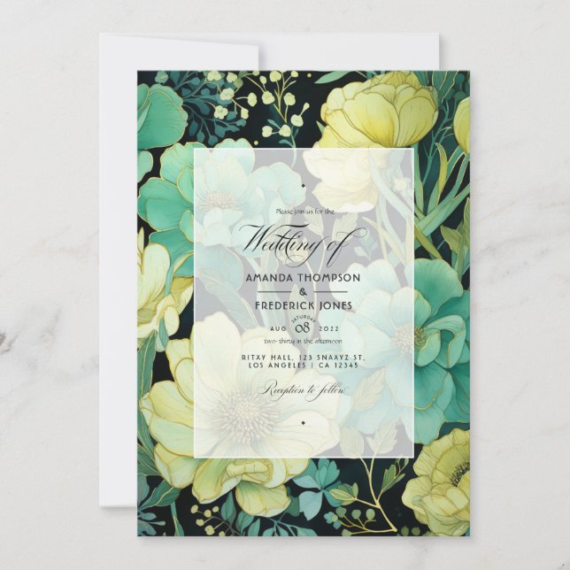 Champagne, Green, and Black Floral Wedding Invitation (Front)