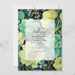 Champagne, Green, and Black Floral Wedding Invitation