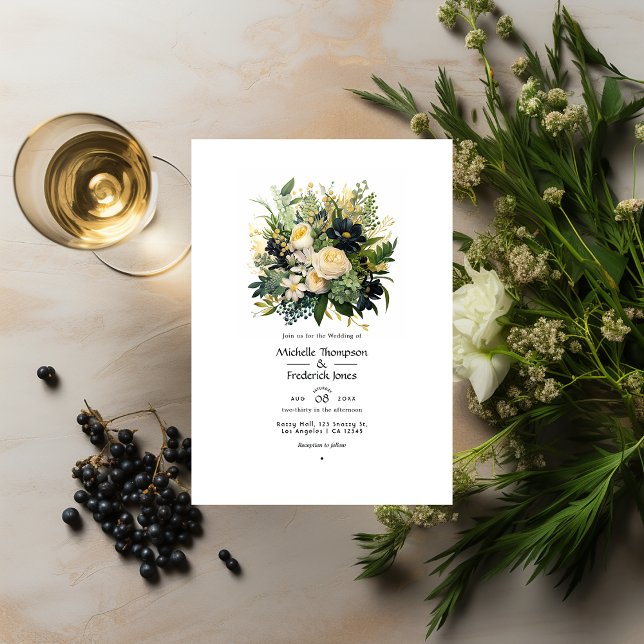 Champagne, Green, and Black Floral Wedding Invitation (Creator Uploaded)