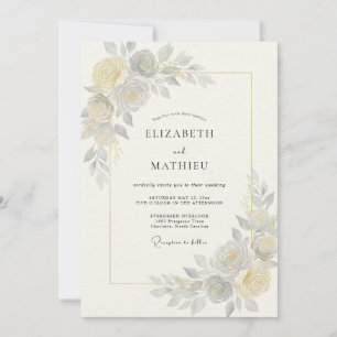 Champagne Grey Ranunculus Eucalyptus Wedding Invitation