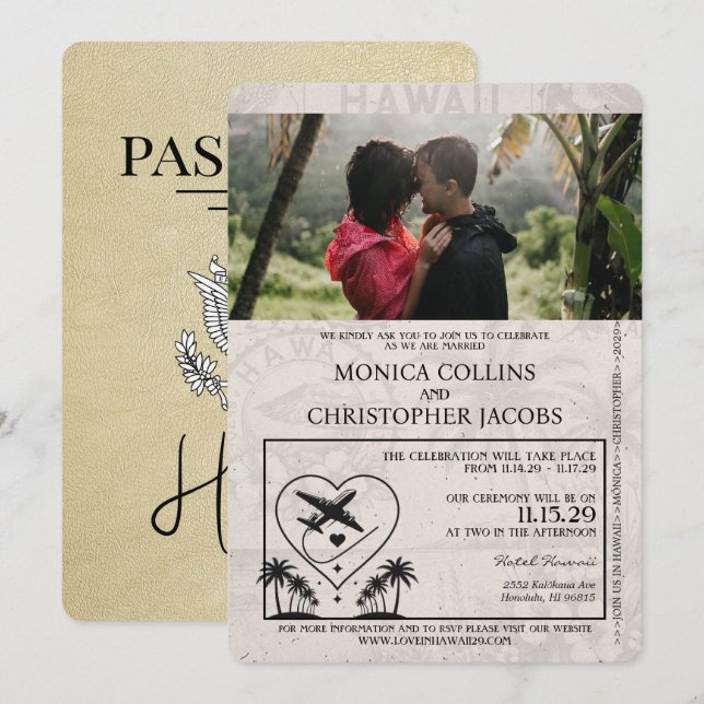 Champagne Hawaii Passport Wedding Invitation (Front/Back)