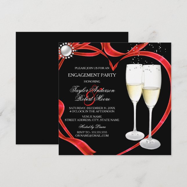 Champagne & Heart Engagement Black Silver red Invitation (Front/Back)