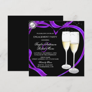 Champagne & Heart Engagement Party Purple Invitation