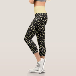 Champagne Heart Shaped Leaf Pattern Over Black Capri Leggings