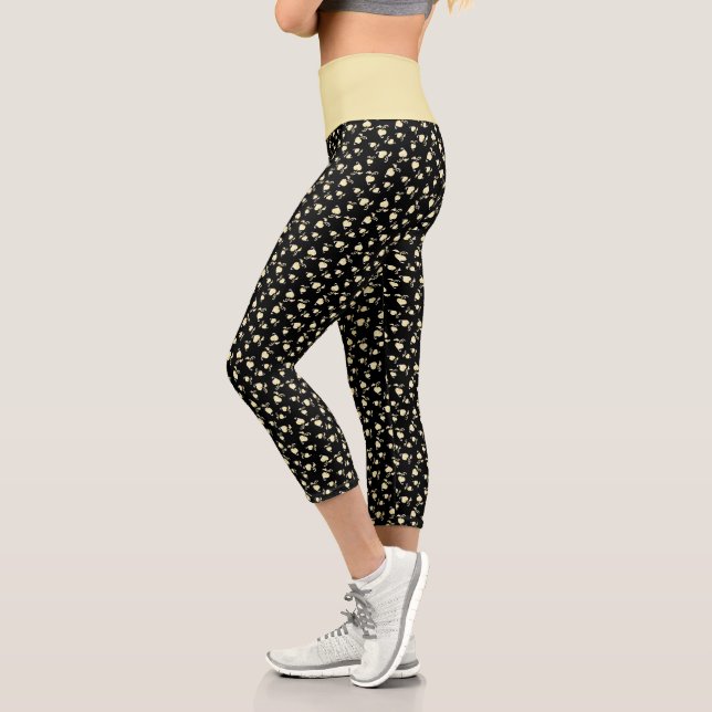Champagne Heart Shaped Leaf Pattern Over Black Capri Leggings (Left)