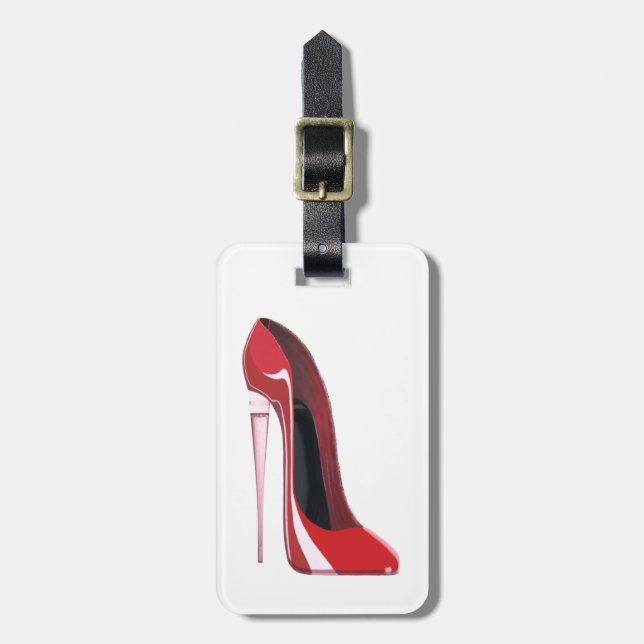 Champagne Heel Red Stiletto Shoe Art Luggage Tag (Front Vertical)