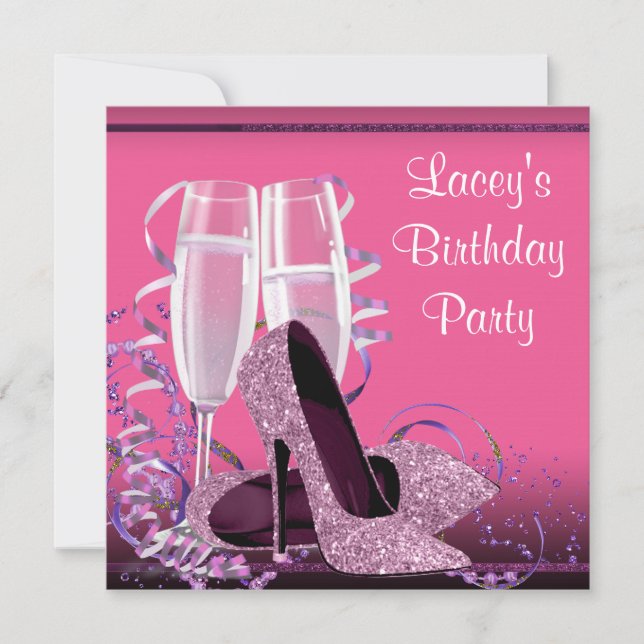 Champagne High Heel Womans Hot Pink Birthday Party Invitation (Front)