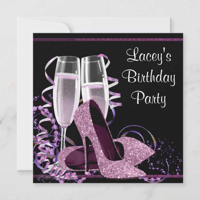 Champagne High Heel Womans Hot Pink Birthday Party Invitation (Front)